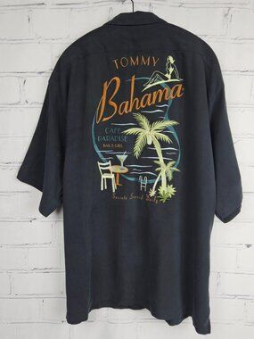 Tommy Bahama XL Mens Silk Black Button-Up Embroidered Shirt Cafe Paradise Design